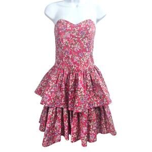 Laura Ashley Strapless Floral Dress Vintage Tiered Skirt Knee Length 12